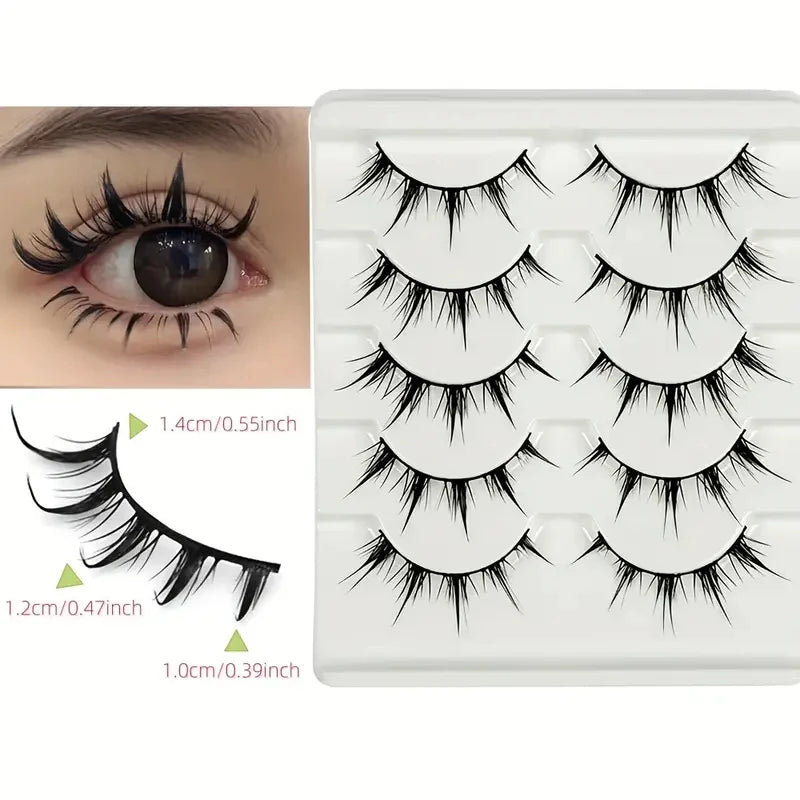5 Pairs of Anime-Style False Eyelashes, Dramatic Demon-Style Cartoon False Eyelashes D-Curve, Reusable